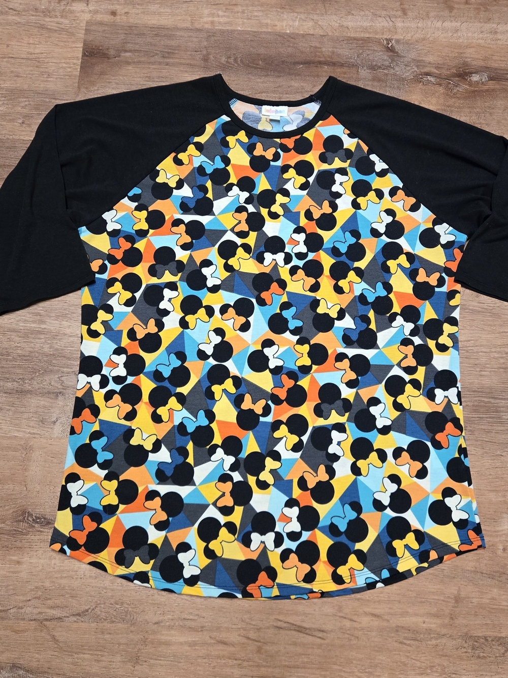 LuLaRoe Randy Raglan Top Blue Yellow Orange Minnie Disney Print Extra Large